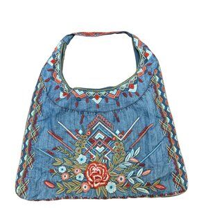 Embroidered Denim Shoulder Bag Floral Geometric Patterns Kyla Seo Handmade